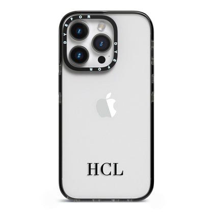 Personalised Black Initials Bottom Clear Custom iPhone 14 Pro Black Impact Case on Silver phone
