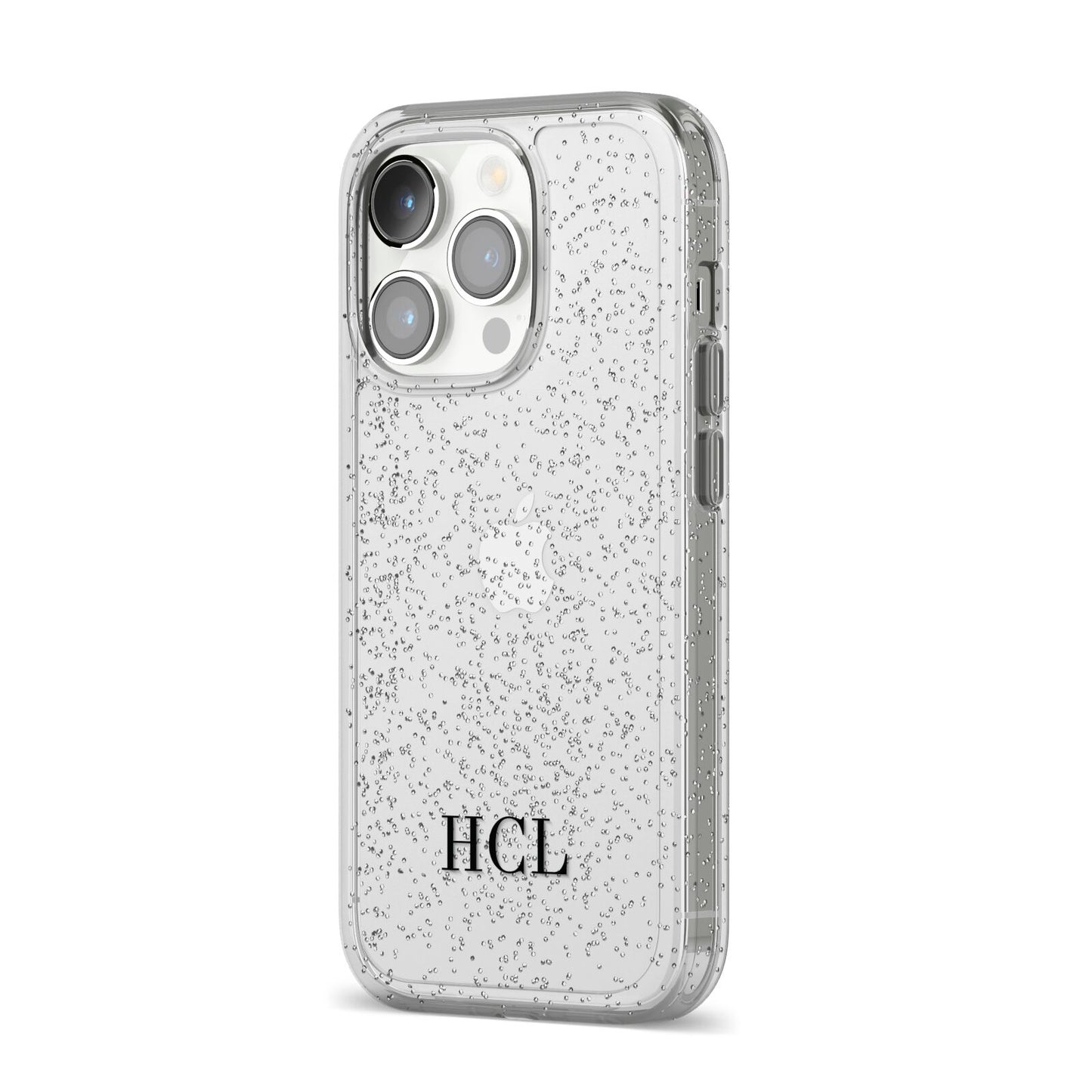 Personalised Black Initials Bottom Clear Custom iPhone 14 Pro Glitter Tough Case Silver Angled Image