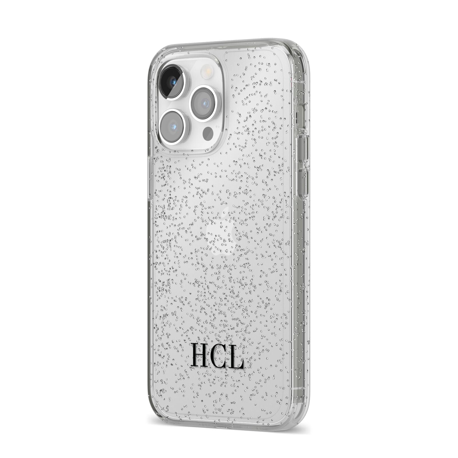 Personalised Black Initials Bottom Clear Custom iPhone 14 Pro Max Glitter Tough Case Silver Angled Image