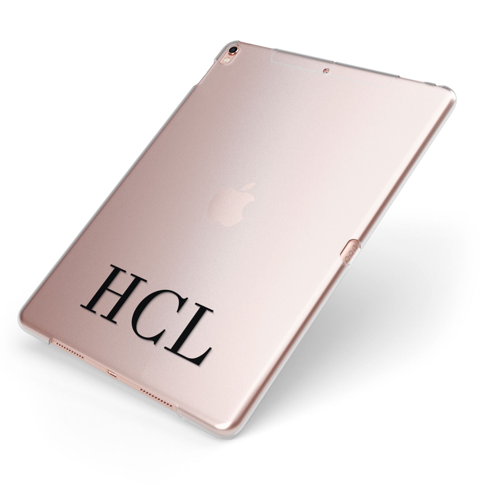 Personalised Black Initials Clear Customised Apple iPad Case on Rose Gold iPad Side View
