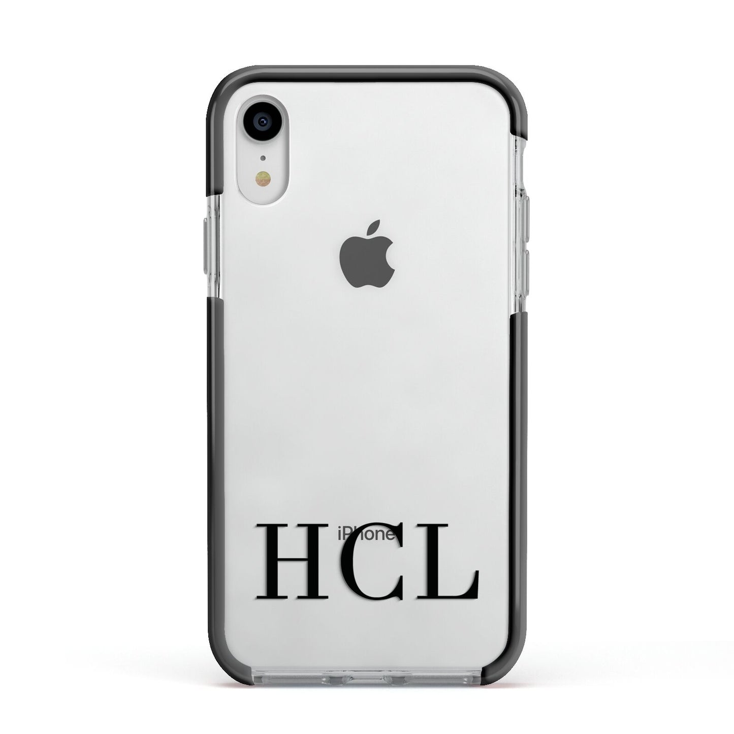 Personalised Black Initials Clear Customised Apple iPhone XR Impact Case Black Edge on Silver Phone