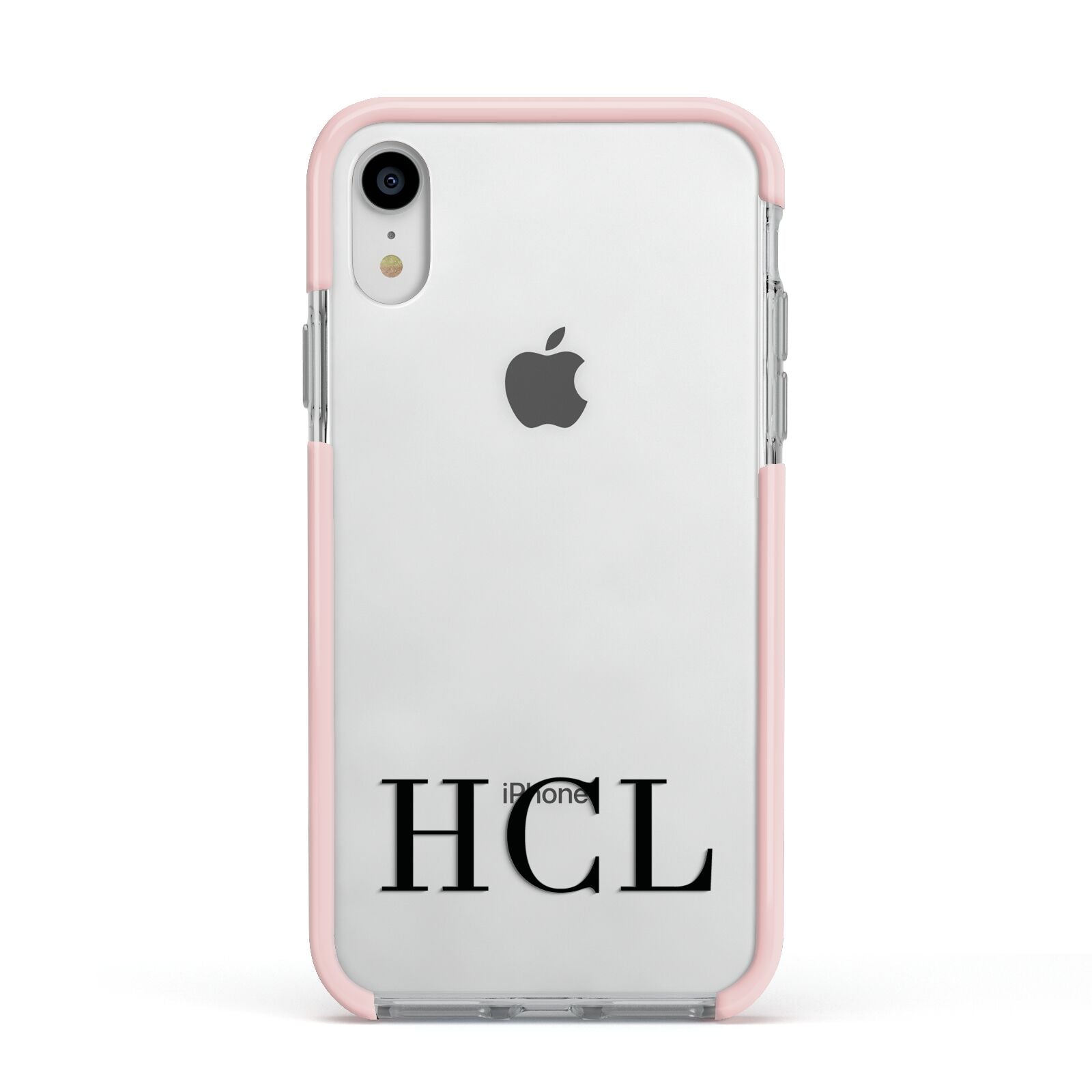 Personalised Black Initials Clear Customised Apple iPhone XR Impact Case Pink Edge on Silver Phone