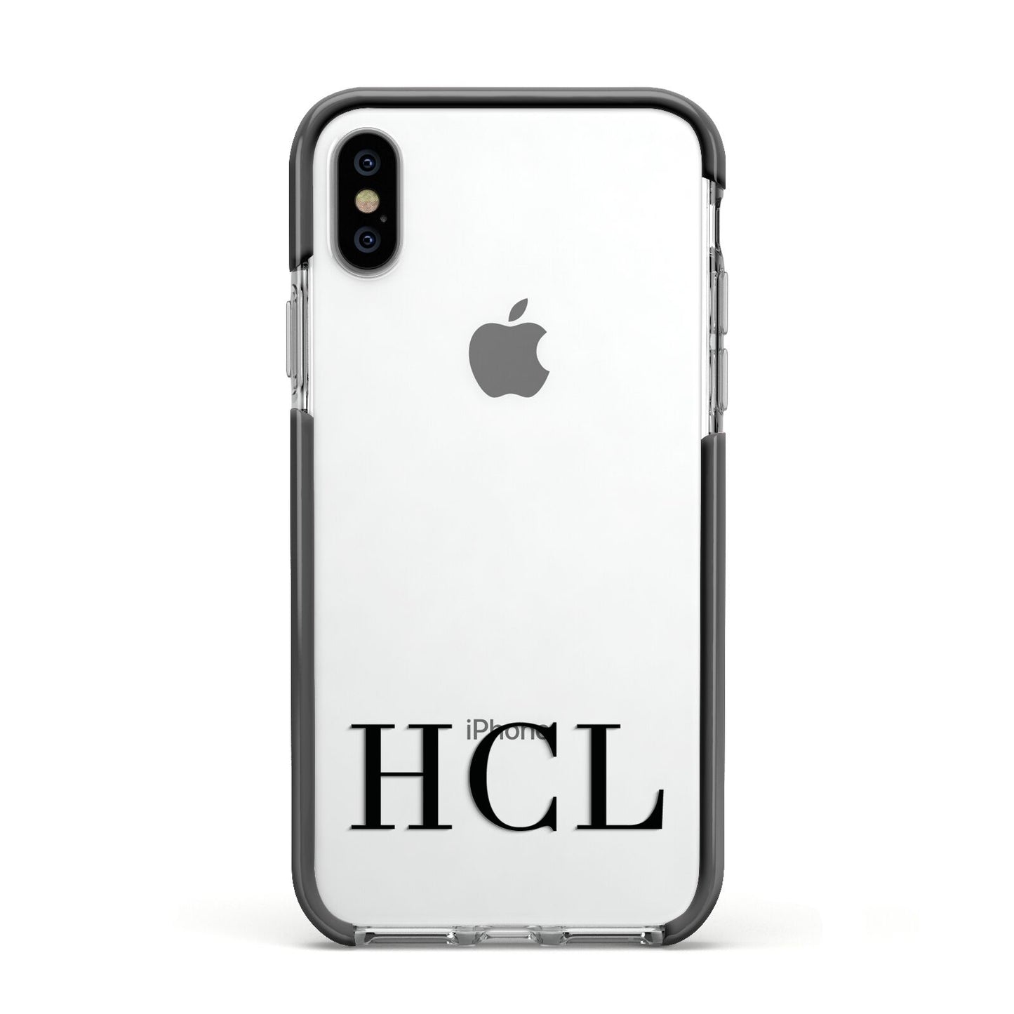 Personalised Black Initials Clear Customised Apple iPhone Xs Impact Case Black Edge on Silver Phone