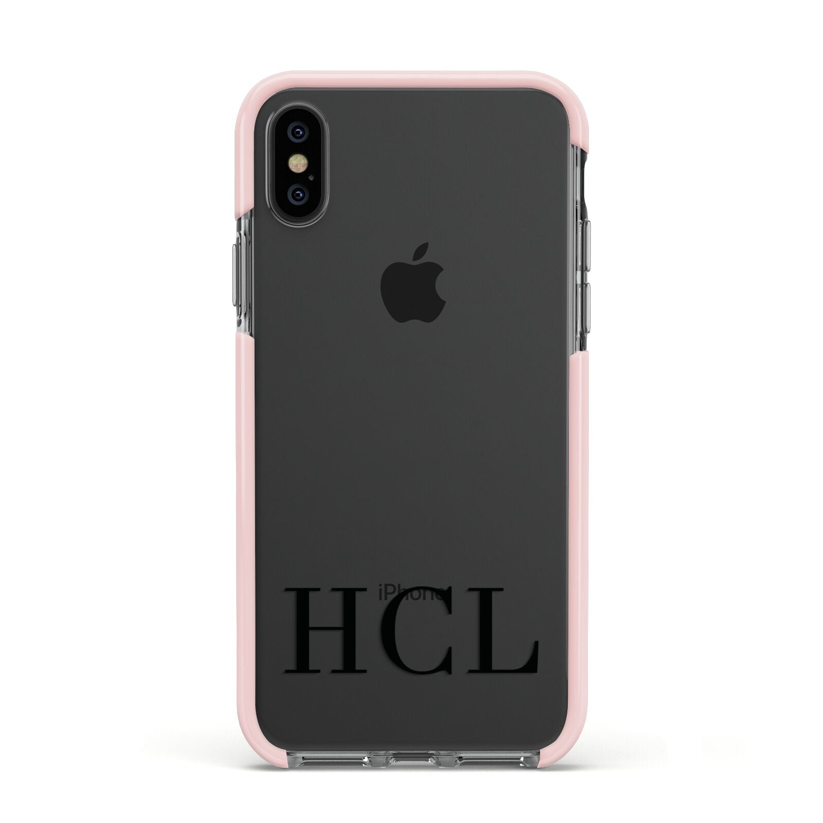 Personalised Black Initials Clear Customised Apple iPhone Xs Impact Case Pink Edge on Black Phone