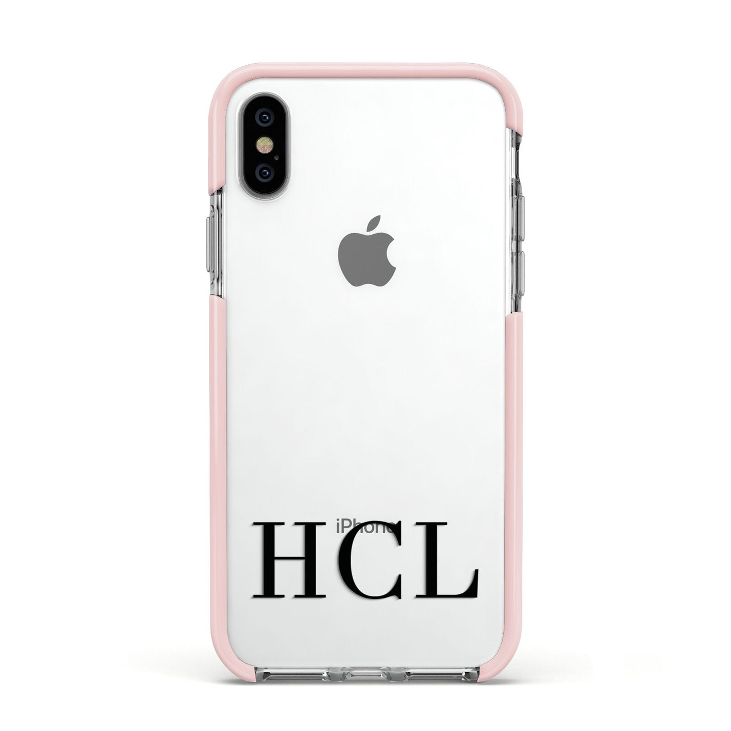 Personalised Black Initials Clear Customised Apple iPhone Xs Impact Case Pink Edge on Silver Phone