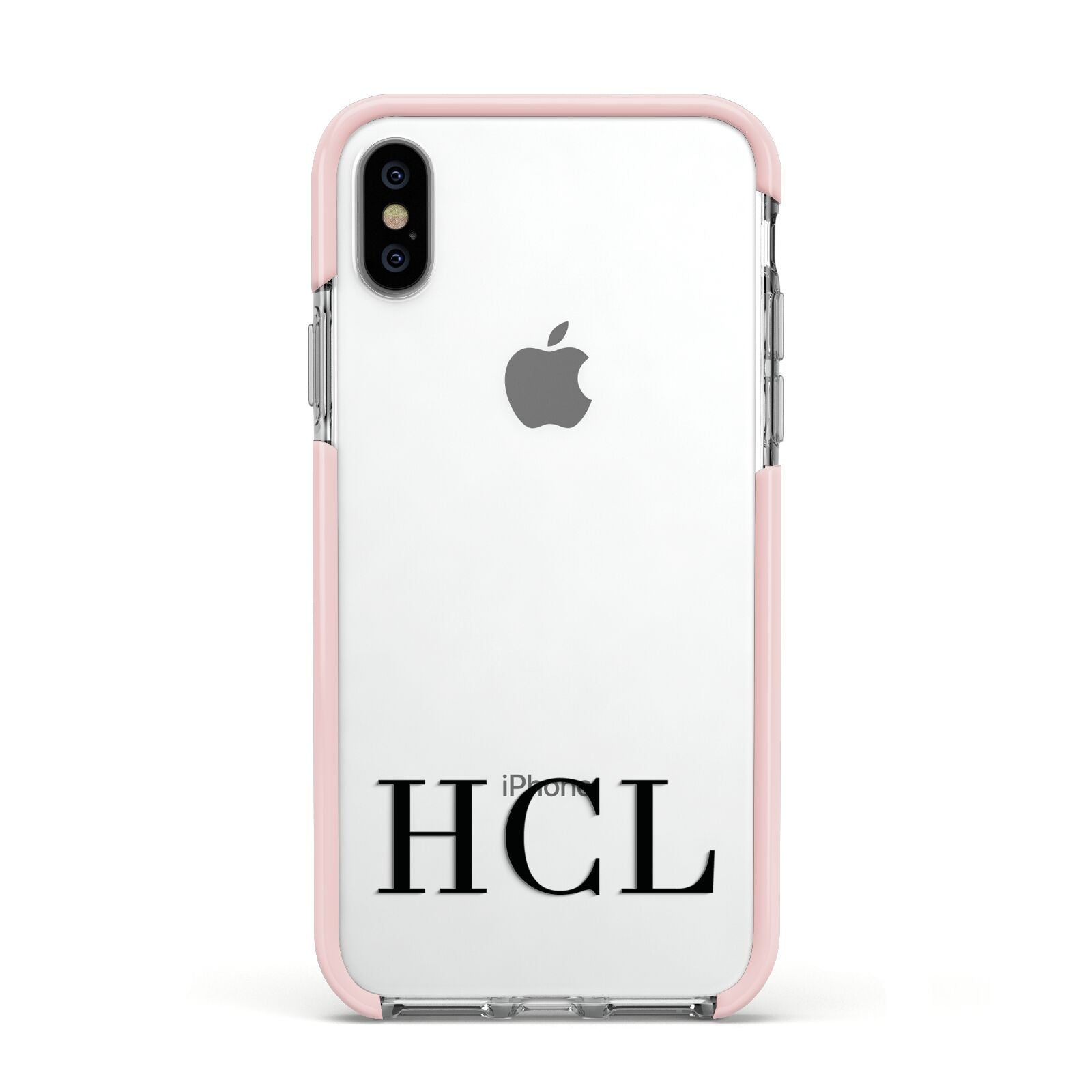 Personalised Black Initials Clear Customised Apple iPhone Xs Impact Case Pink Edge on Silver Phone