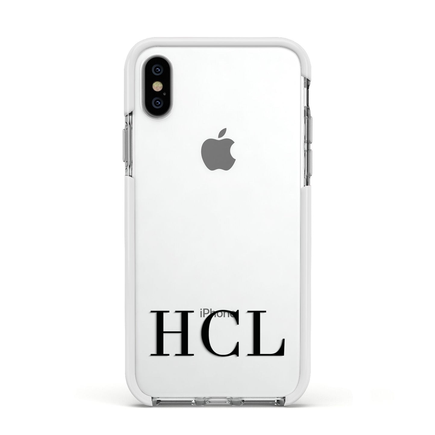 Personalised Black Initials Clear Customised Apple iPhone Xs Impact Case White Edge on Silver Phone