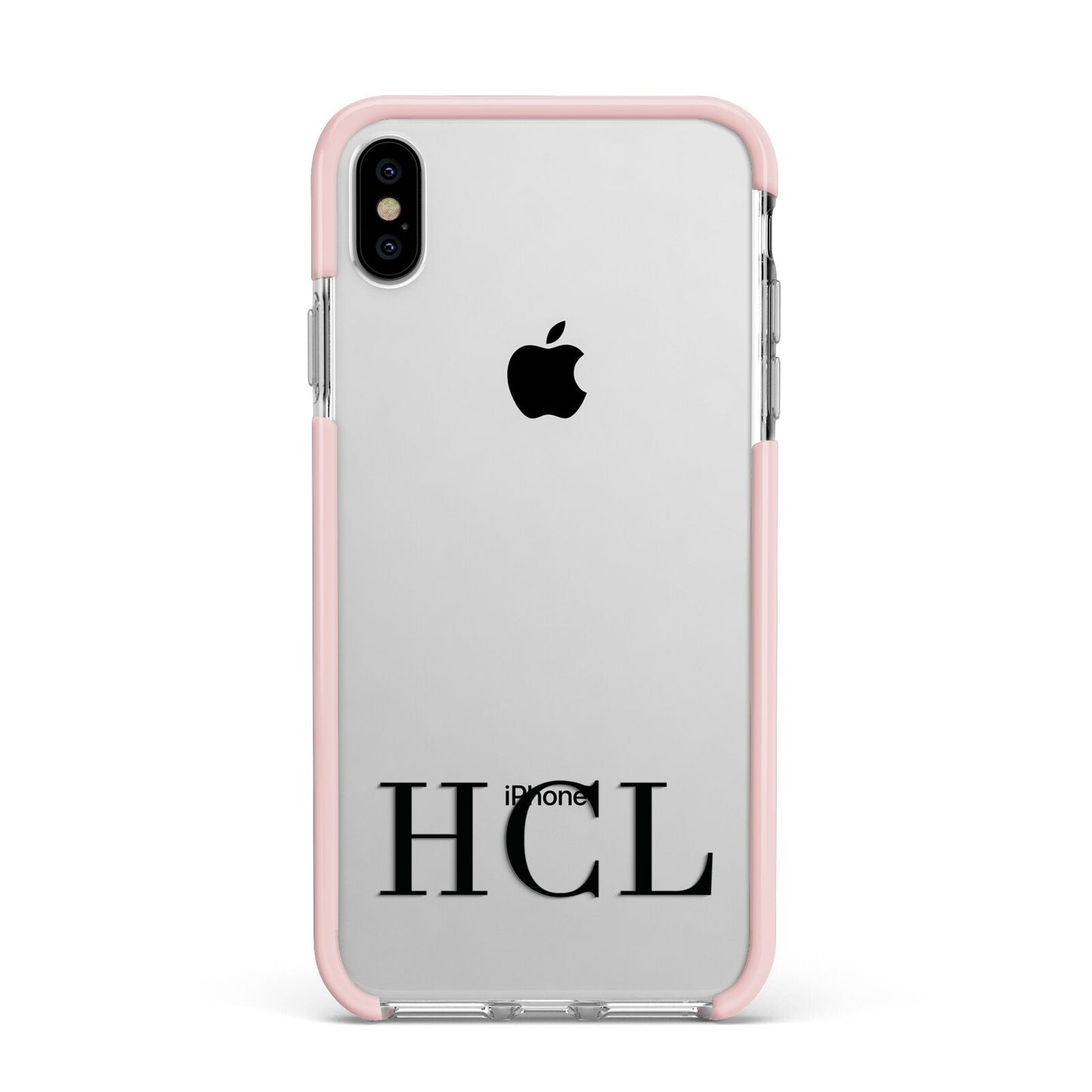 Personalised Black Initials Clear Customised Apple iPhone Xs Max Impact Case Pink Edge on Silver Phone