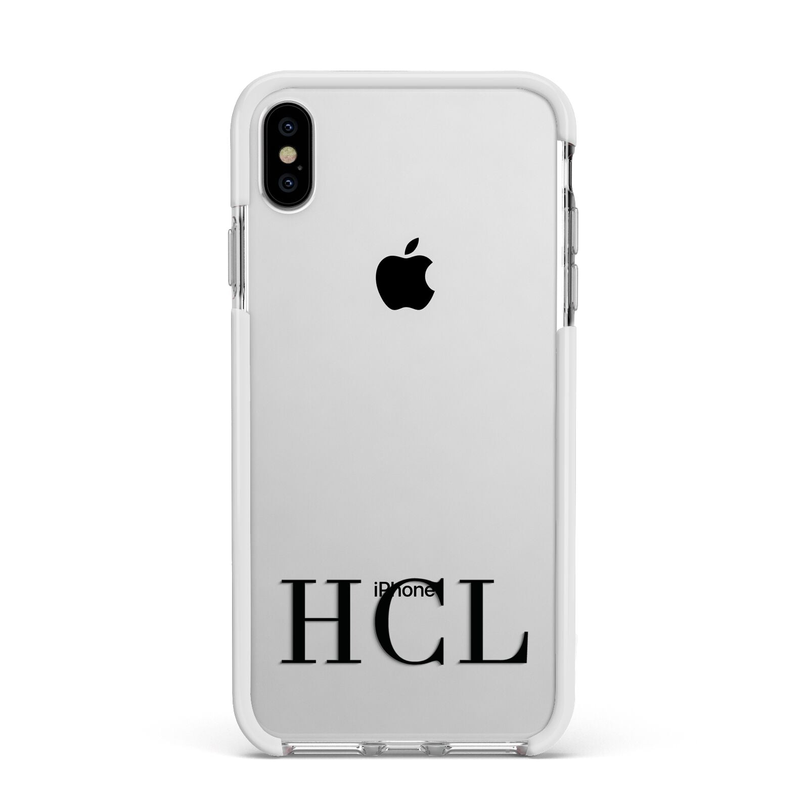 Personalised Black Initials Clear Customised Apple iPhone Xs Max Impact Case White Edge on Silver Phone
