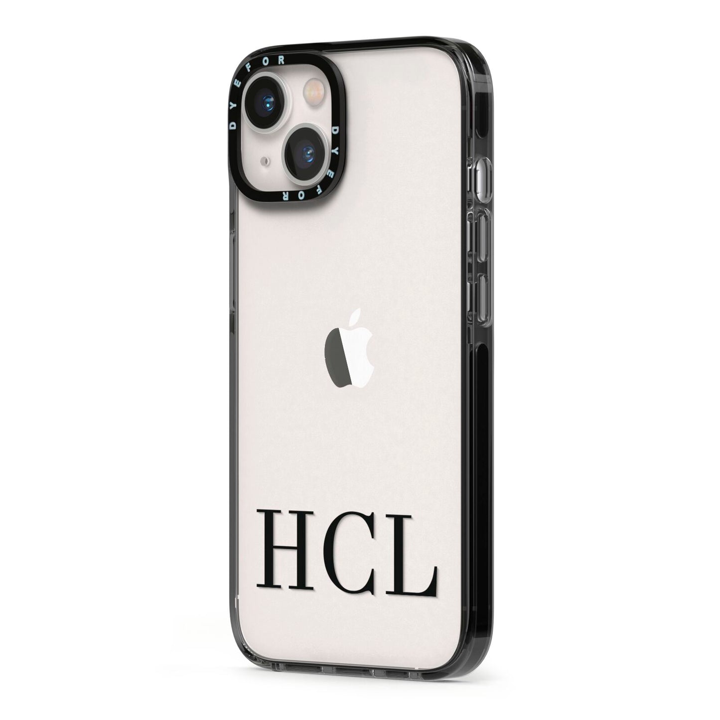 Personalised Black Initials Clear Customised iPhone 13 Black Impact Case Side Angle on Silver phone