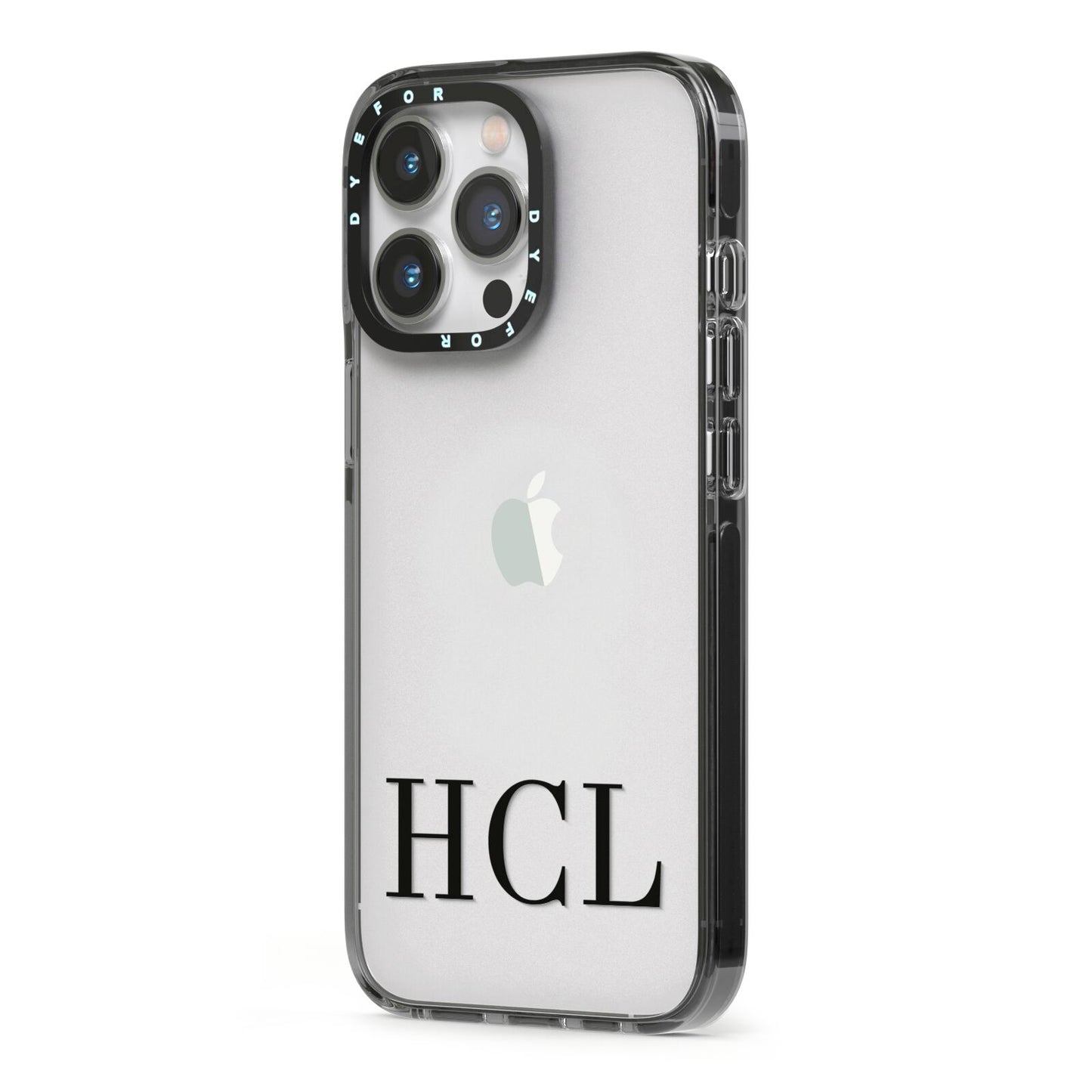 Personalised Black Initials Clear Customised iPhone 13 Pro Black Impact Case Side Angle on Silver phone