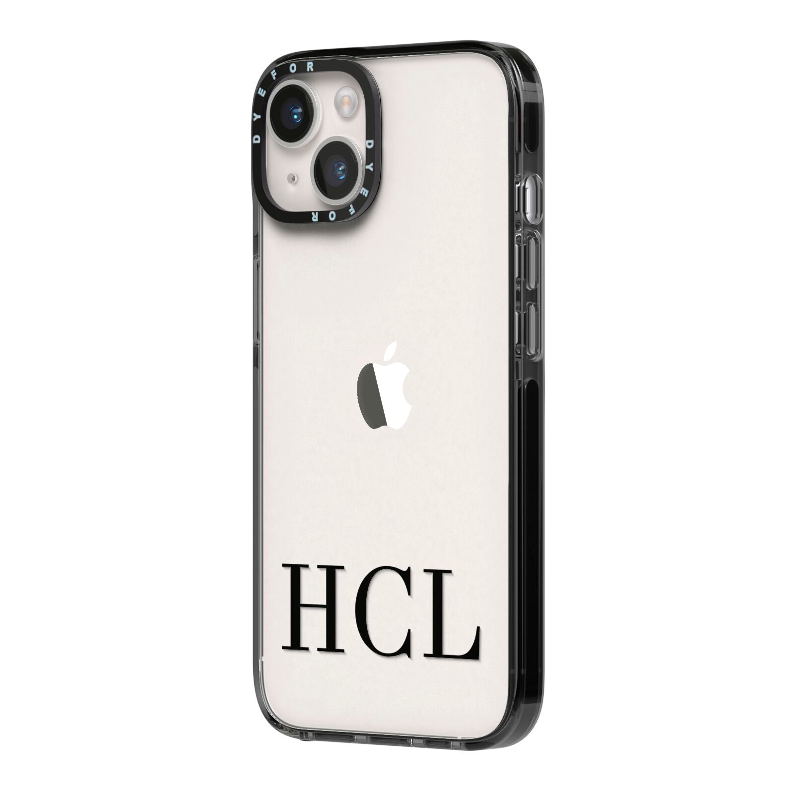 Personalised Black Initials Clear Customised iPhone 14 Black Impact Case Side Angle on Silver phone