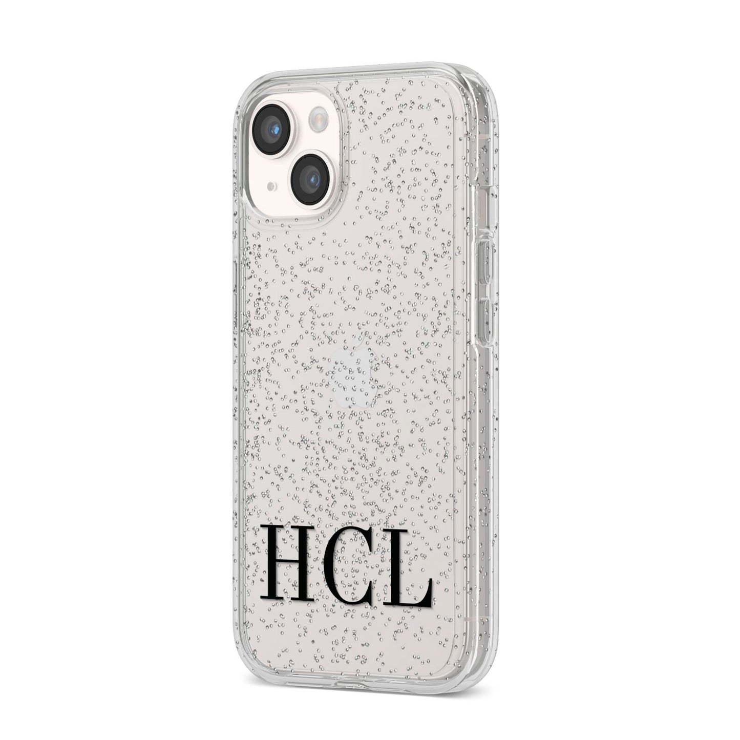 Personalised Black Initials Clear Customised iPhone 14 Glitter Tough Case Starlight Angled Image