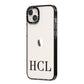Personalised Black Initials Clear Customised iPhone 14 Plus Black Impact Case Side Angle on Silver phone
