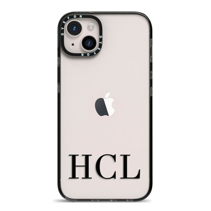 Personalised Black Initials Clear Customised iPhone 14 Plus Black Impact Case on Silver phone