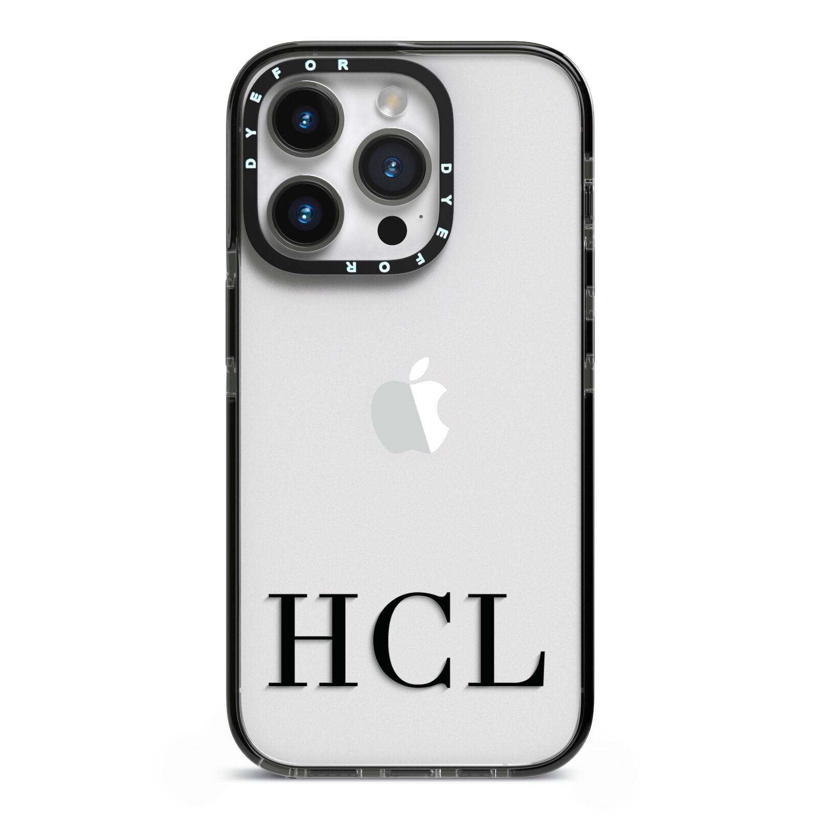 Personalised Black Initials Clear Customised iPhone 14 Pro Black Impact Case on Silver phone