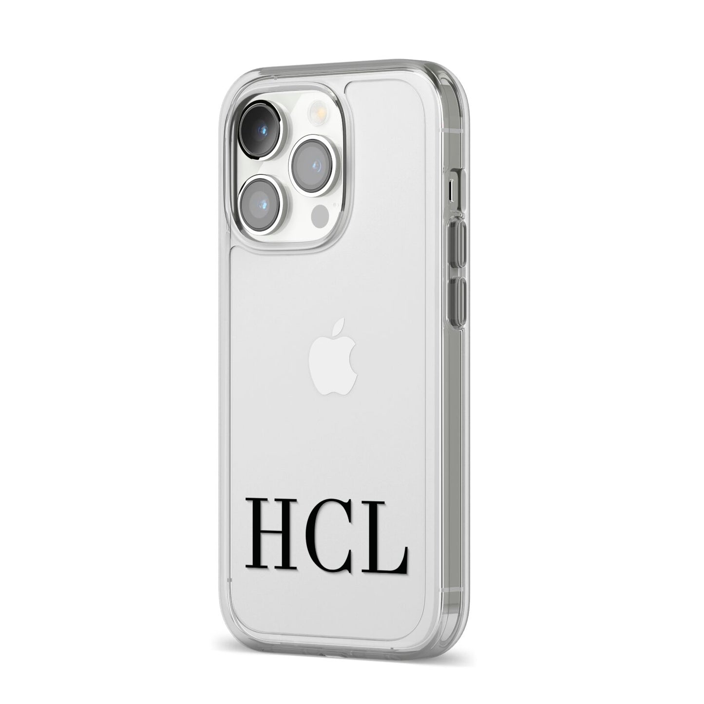 Personalised Black Initials Clear Customised iPhone 14 Pro Clear Tough Case Silver Angled Image