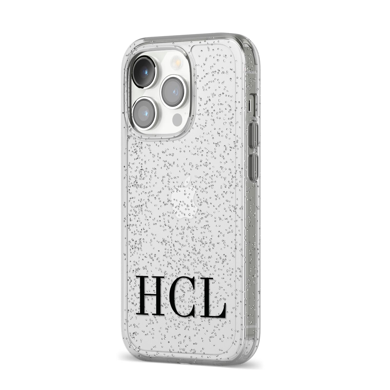 Personalised Black Initials Clear Customised iPhone 14 Pro Glitter Tough Case Silver Angled Image