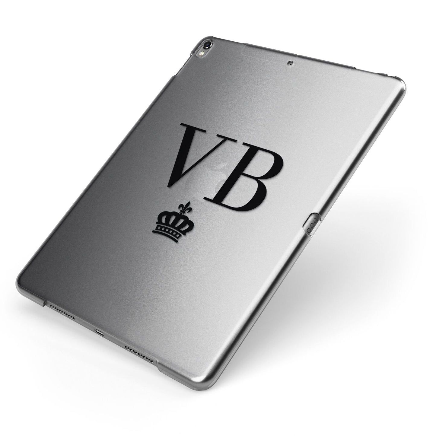 Personalised Black Initials Crown Clear Apple iPad Case on Grey iPad Side View