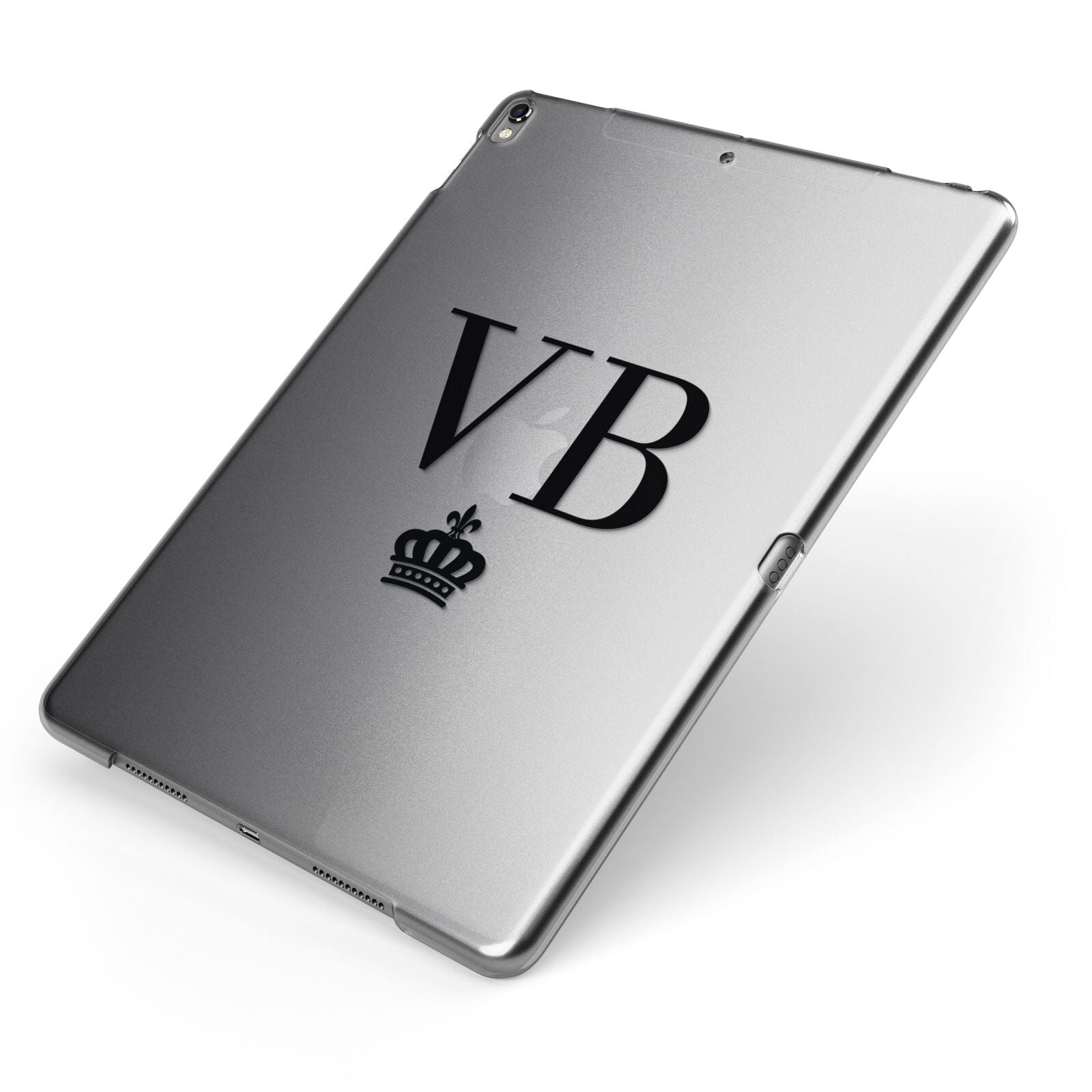 Personalised Black Initials Crown Clear Apple iPad Case on Grey iPad Side View