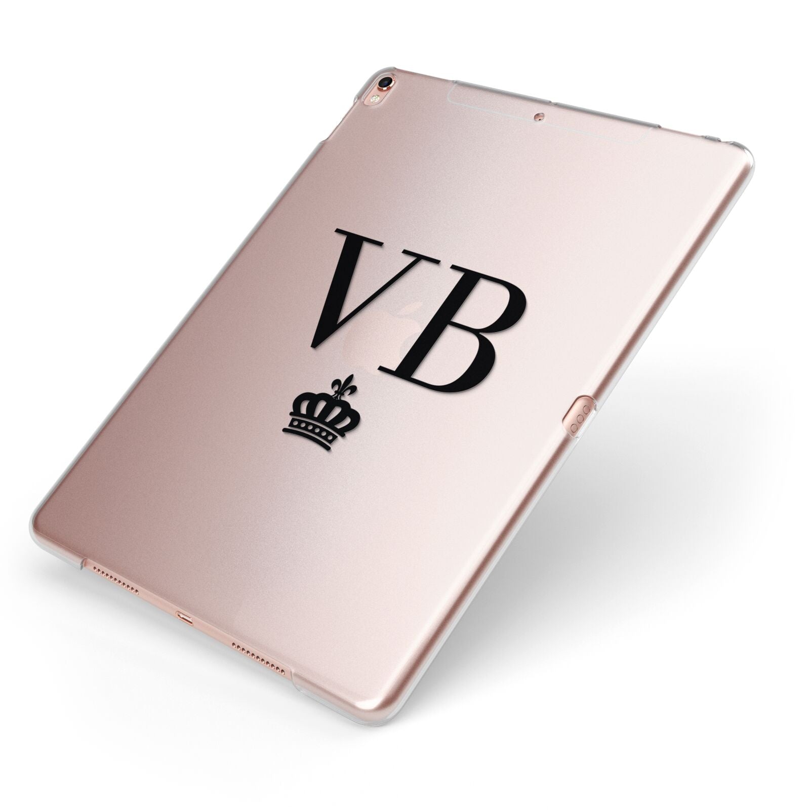 Personalised Black Initials Crown Clear Apple iPad Case on Rose Gold iPad Side View