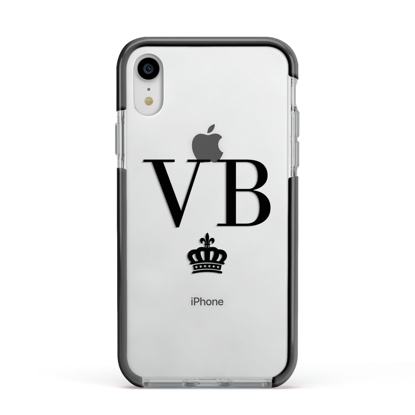 Personalised Black Initials Crown Clear Apple iPhone XR Impact Case Black Edge on Silver Phone