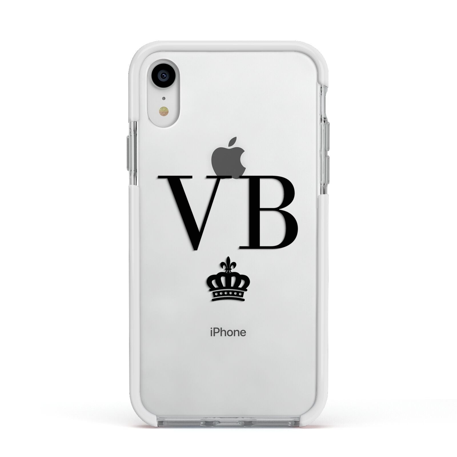 Personalised Black Initials Crown Clear Apple iPhone XR Impact Case White Edge on Silver Phone