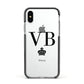Personalised Black Initials Crown Clear Apple iPhone Xs Impact Case Black Edge on Silver Phone