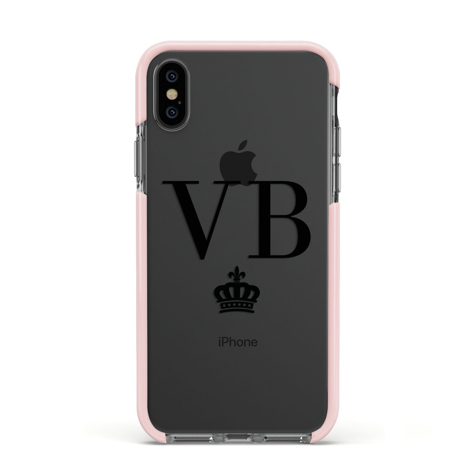 Personalised Black Initials Crown Clear Apple iPhone Xs Impact Case Pink Edge on Black Phone