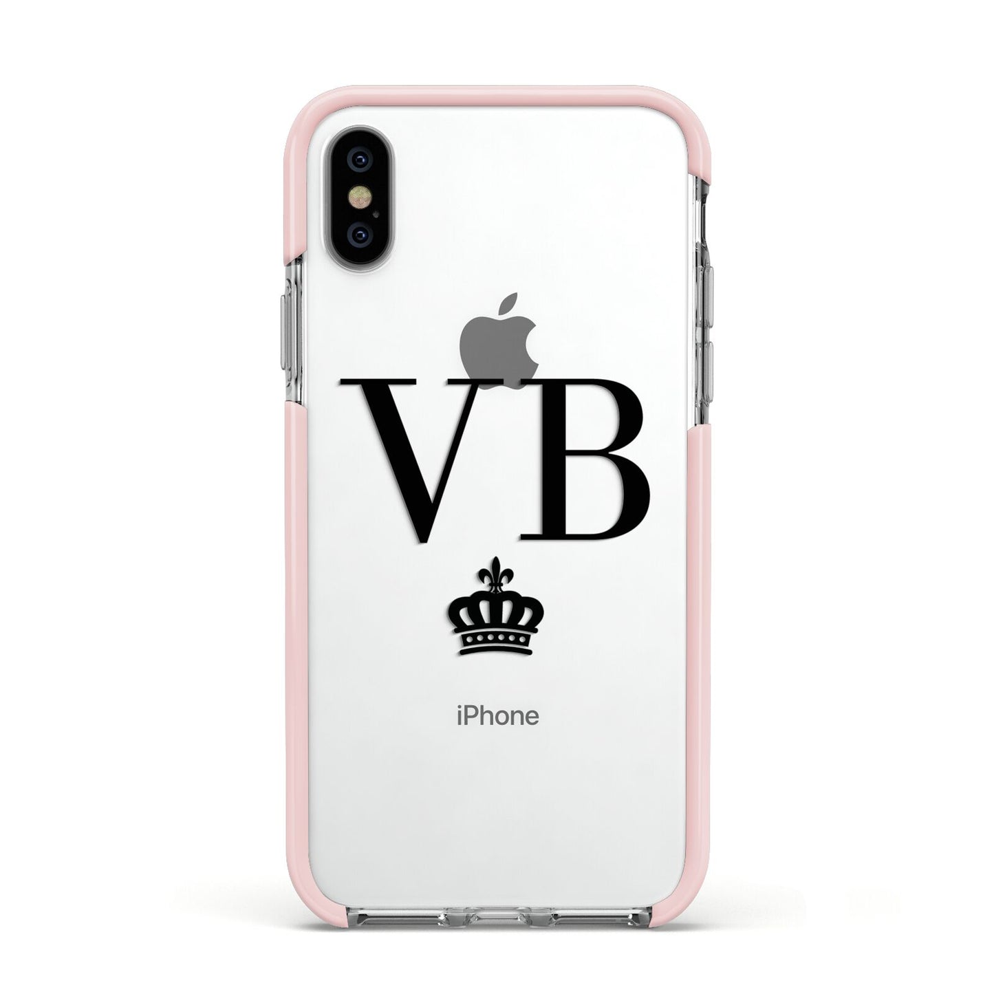 Personalised Black Initials Crown Clear Apple iPhone Xs Impact Case Pink Edge on Silver Phone