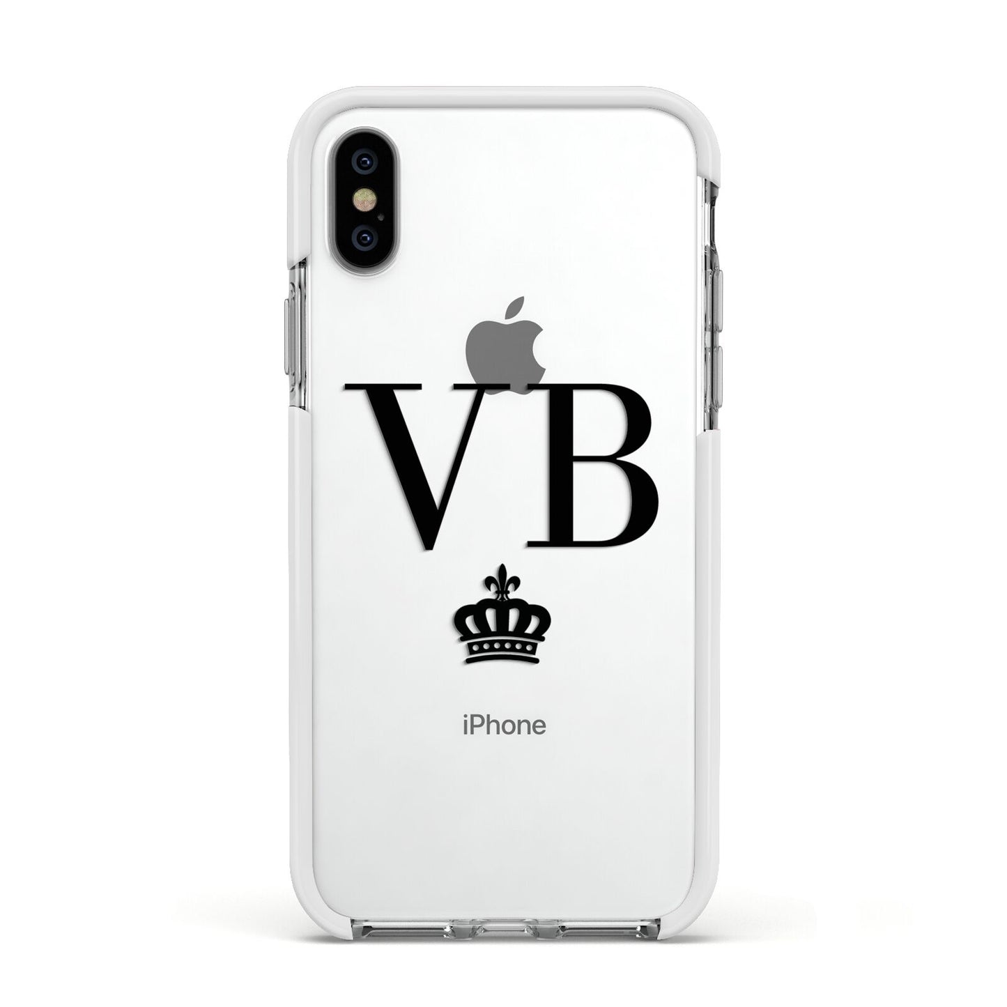Personalised Black Initials Crown Clear Apple iPhone Xs Impact Case White Edge on Silver Phone