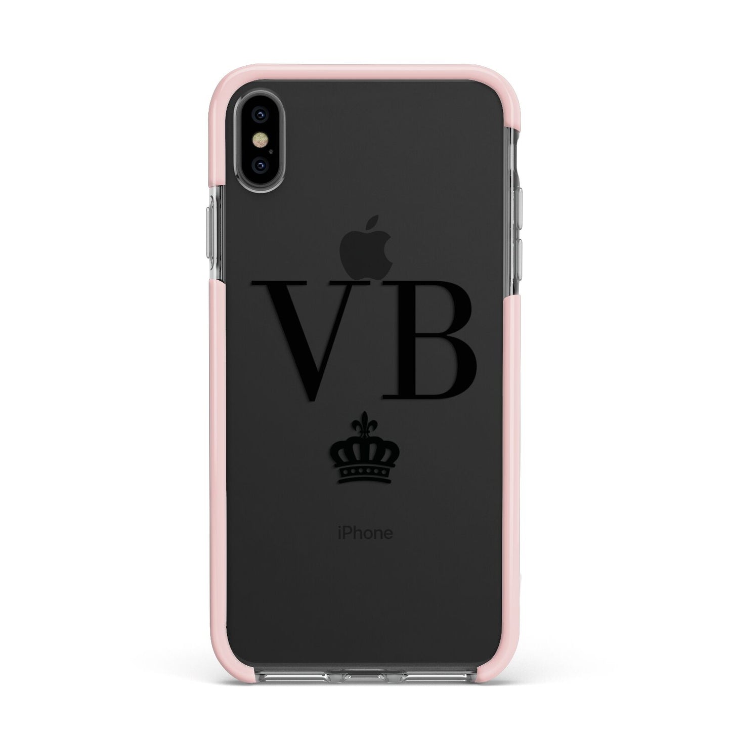 Personalised Black Initials Crown Clear Apple iPhone Xs Max Impact Case Pink Edge on Black Phone