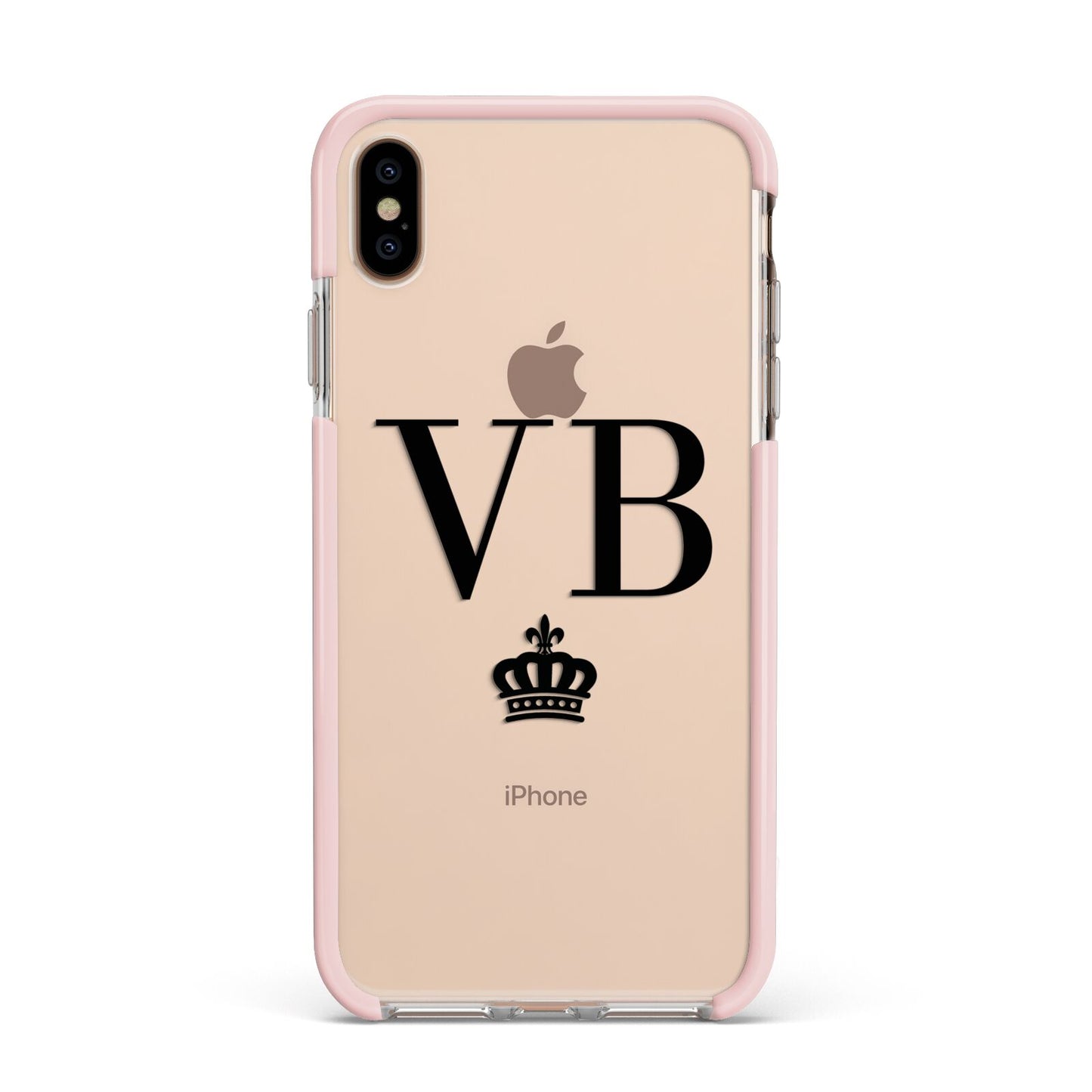 Personalised Black Initials Crown Clear Apple iPhone Xs Max Impact Case Pink Edge on Gold Phone