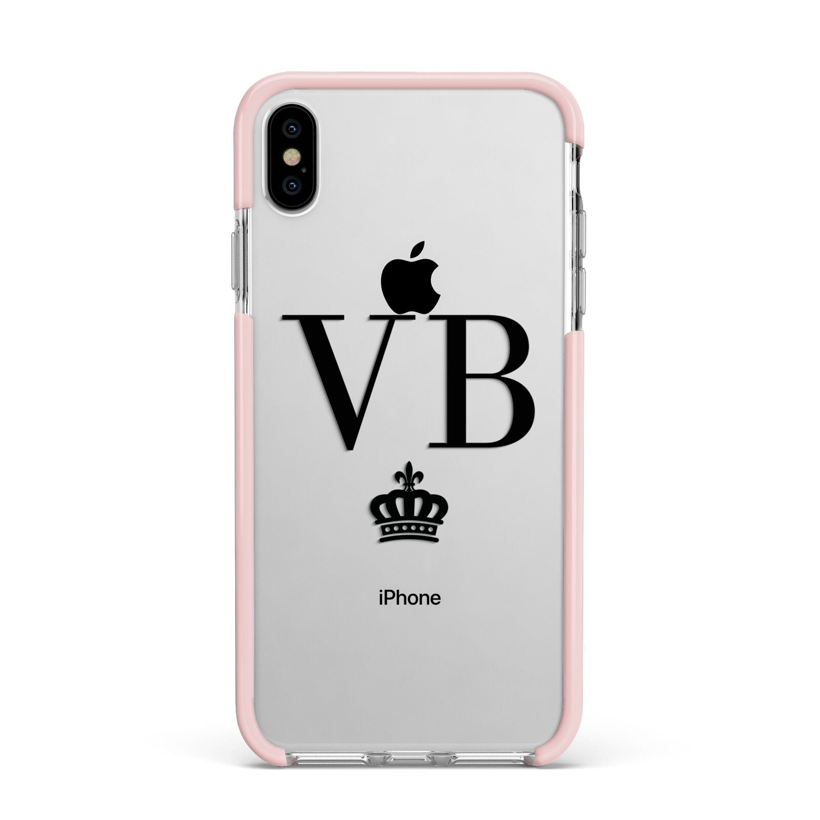 Personalised Black Initials Crown Clear Apple iPhone Xs Max Impact Case Pink Edge on Silver Phone