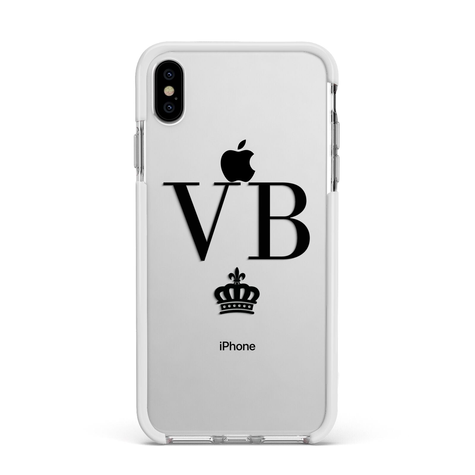 Personalised Black Initials Crown Clear Apple iPhone Xs Max Impact Case White Edge on Silver Phone