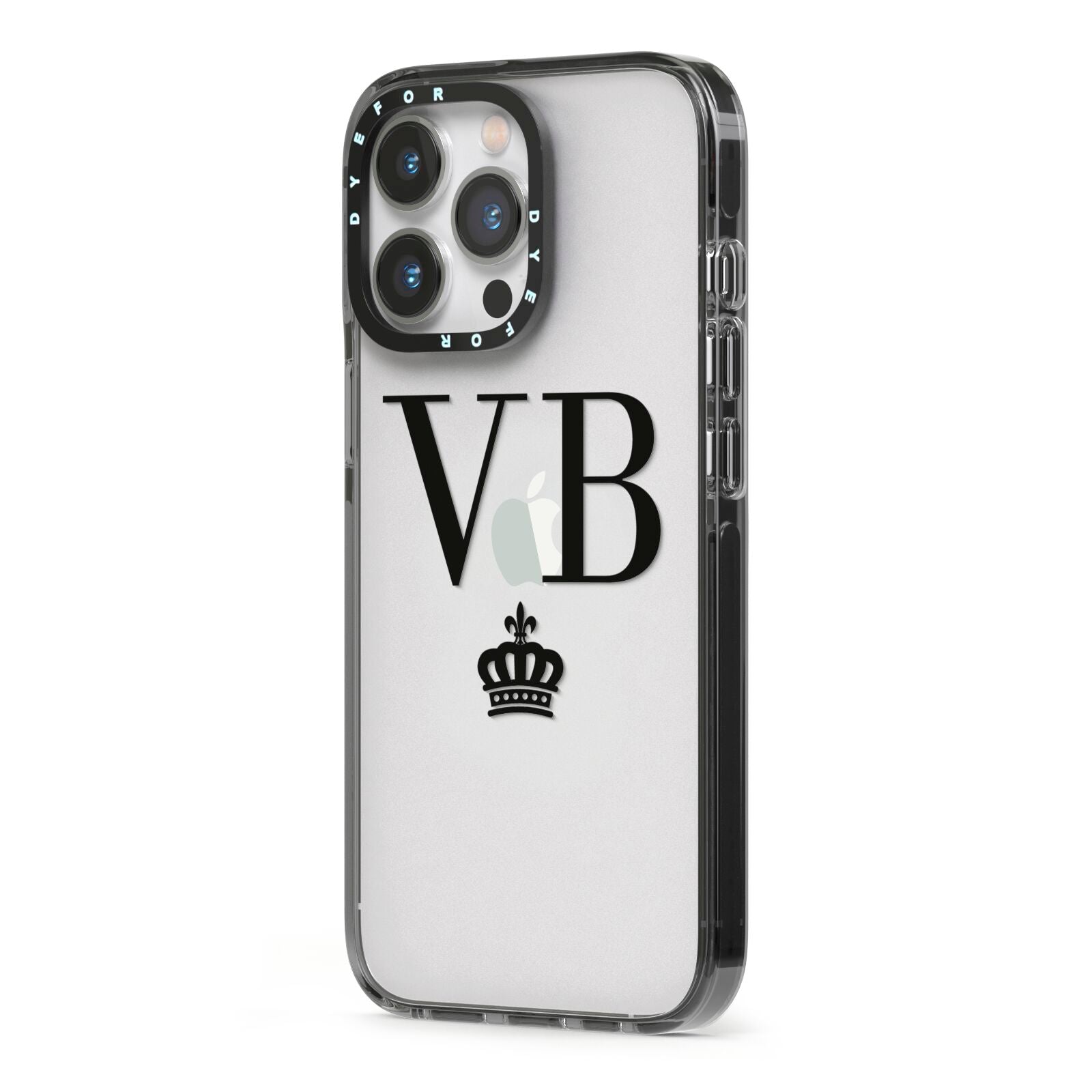 Personalised Black Initials Crown Clear iPhone 13 Pro Black Impact Case Side Angle on Silver phone