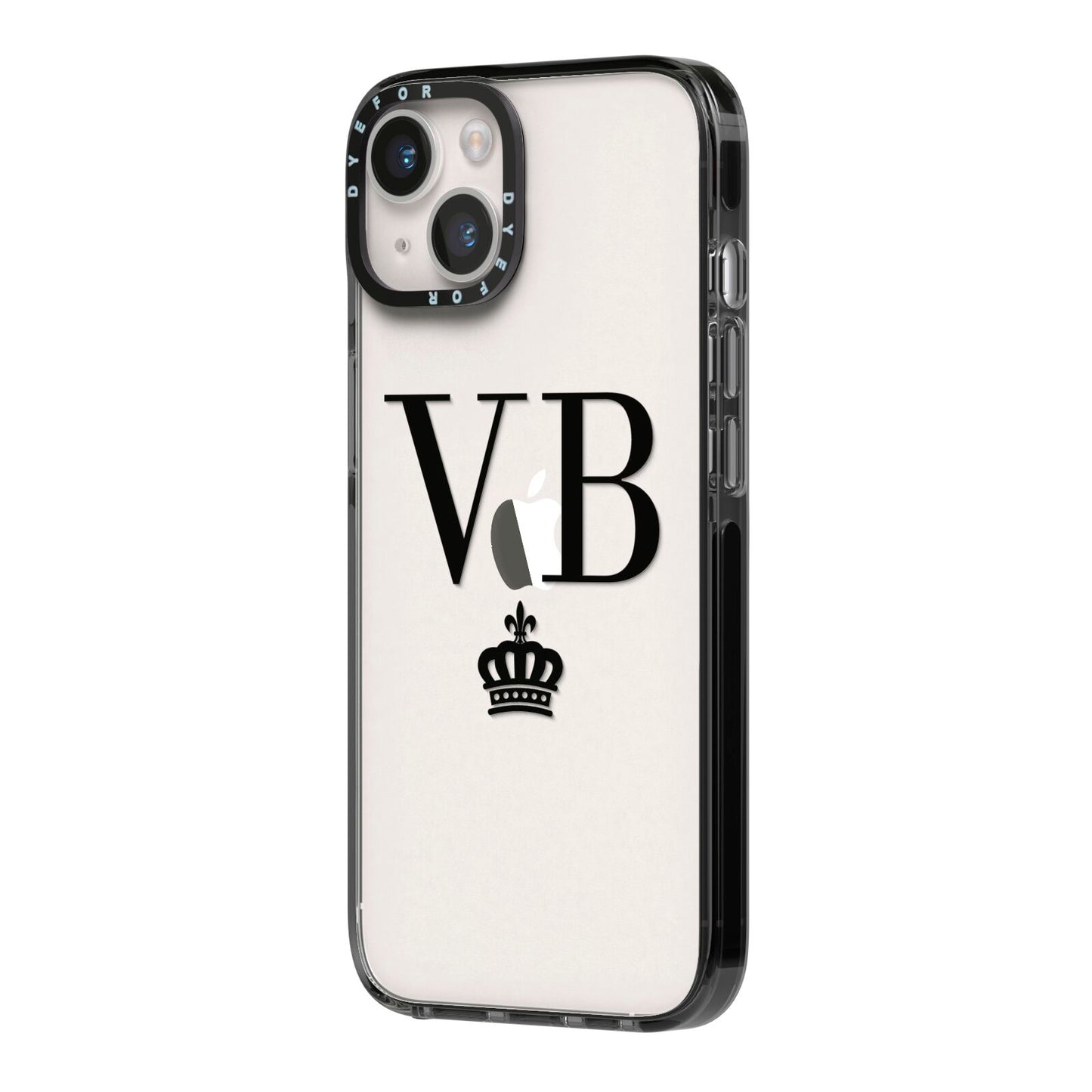 Personalised Black Initials Crown Clear iPhone 14 Black Impact Case Side Angle on Silver phone