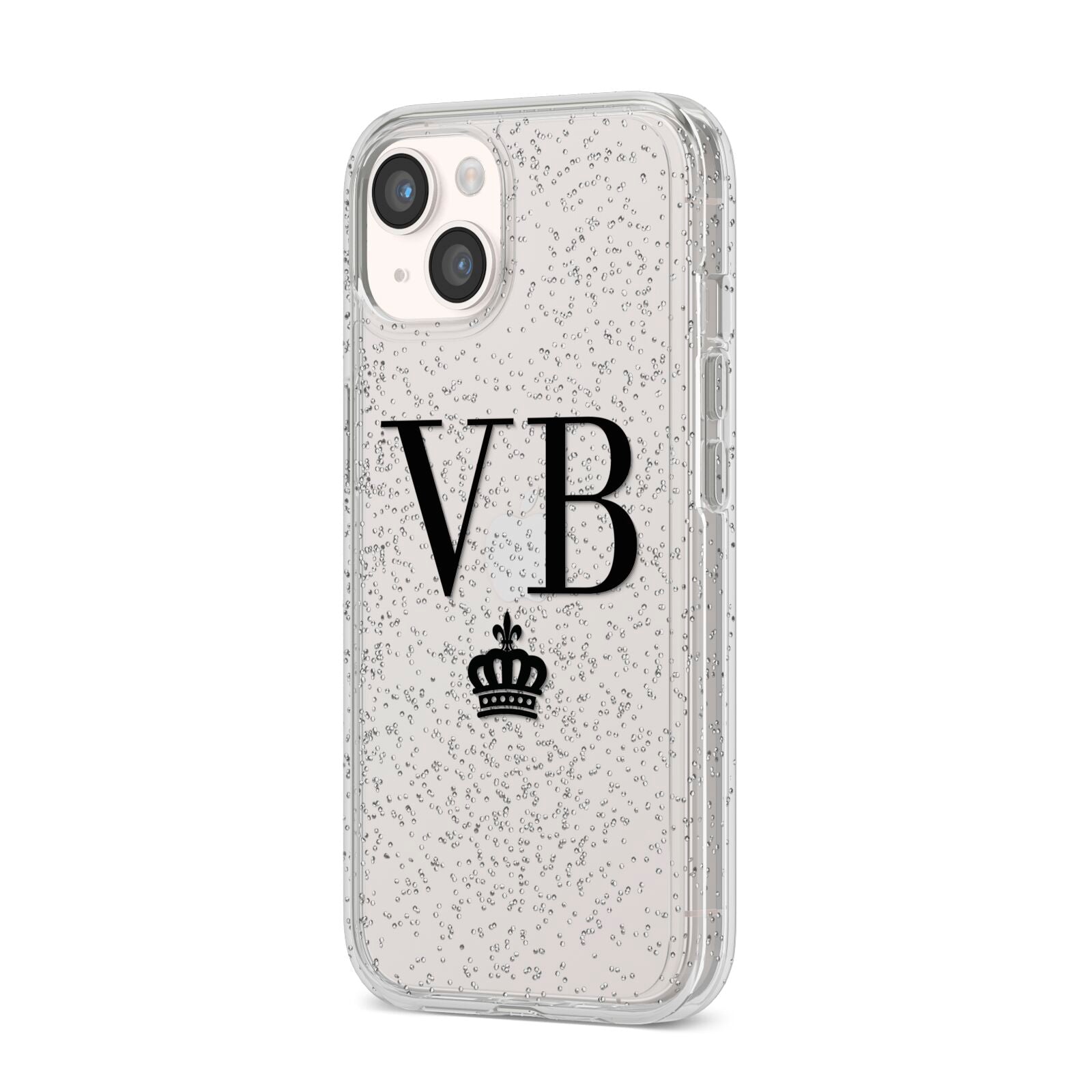 Personalised Black Initials Crown Clear iPhone 14 Glitter Tough Case Starlight Angled Image