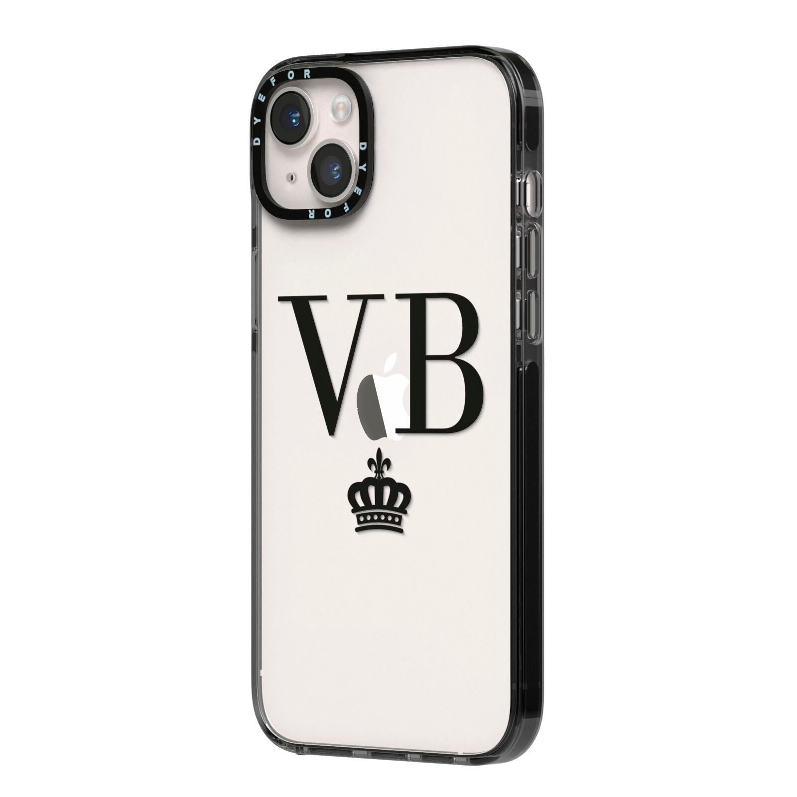 Personalised Black Initials Crown Clear iPhone 14 Plus Black Impact Case Side Angle on Silver phone