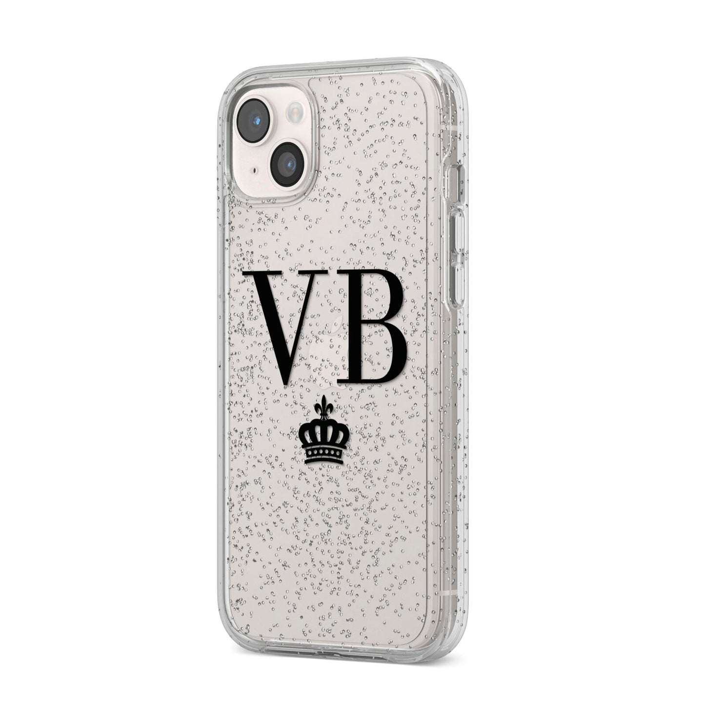 Personalised Black Initials Crown Clear iPhone 14 Plus Glitter Tough Case Starlight Angled Image