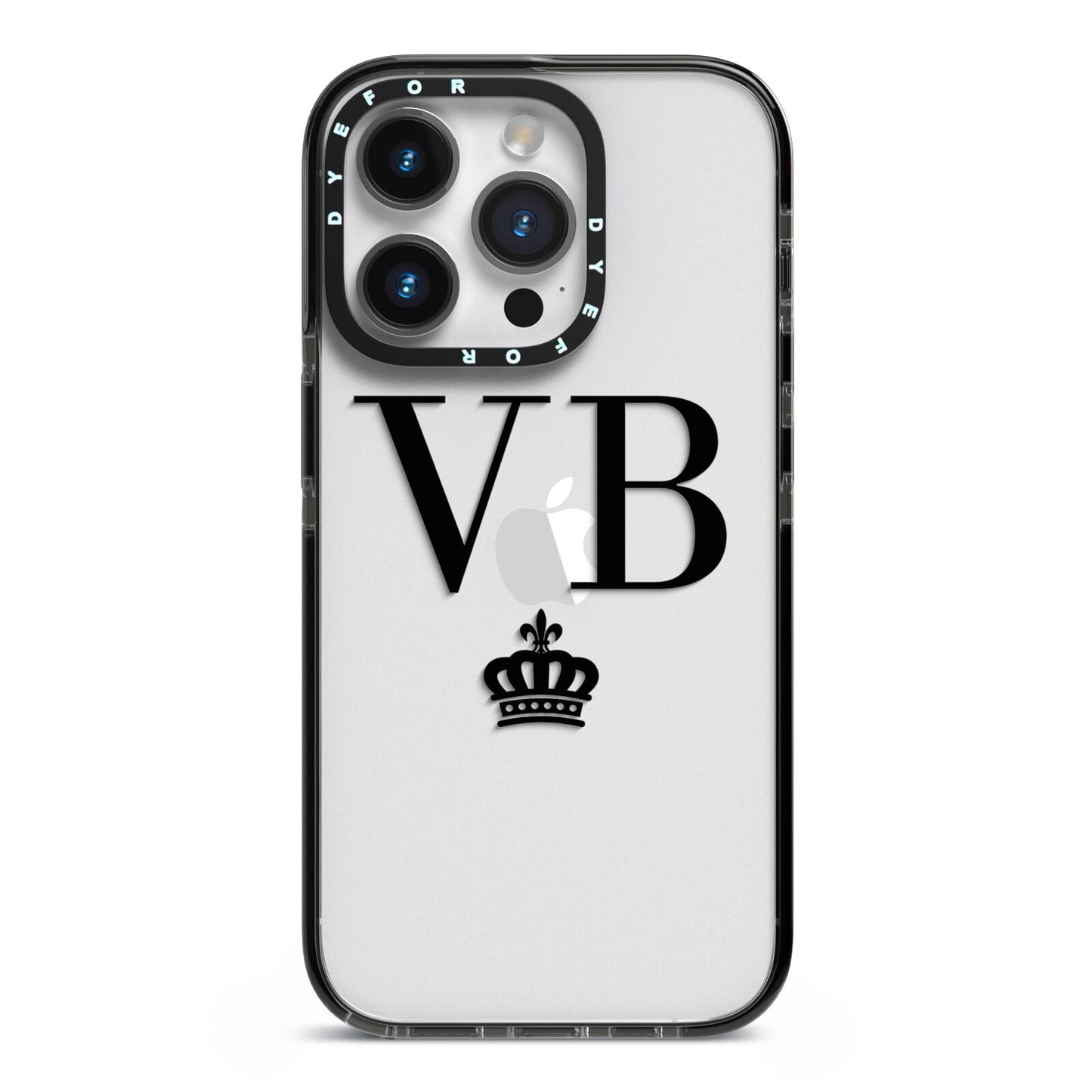 Personalised Black Initials Crown Clear iPhone 14 Pro Black Impact Case on Silver phone