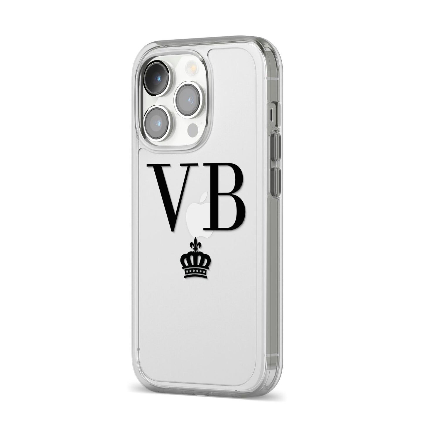 Personalised Black Initials Crown Clear iPhone 14 Pro Clear Tough Case Silver Angled Image