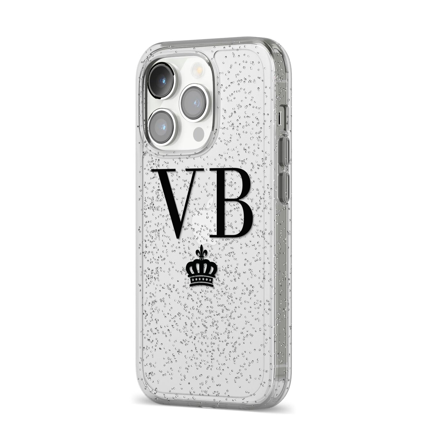 Personalised Black Initials Crown Clear iPhone 14 Pro Glitter Tough Case Silver Angled Image