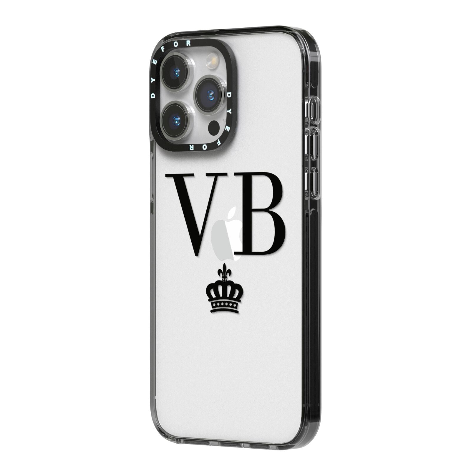Personalised Black Initials Crown Clear iPhone 14 Pro Max Black Impact Case Side Angle on Silver phone