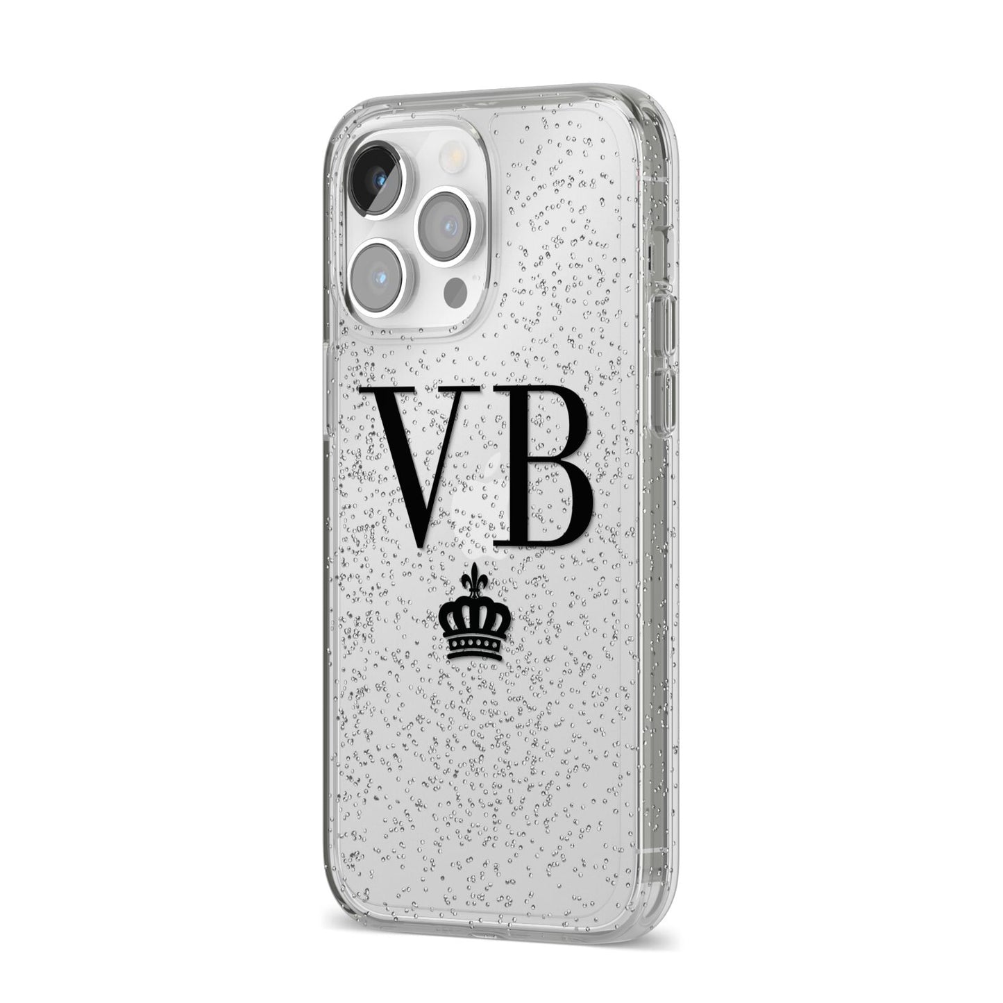 Personalised Black Initials Crown Clear iPhone 14 Pro Max Glitter Tough Case Silver Angled Image
