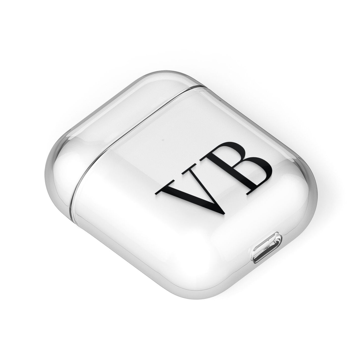 Personalised Black Initials Customised Clear AirPods Case Laid Flat