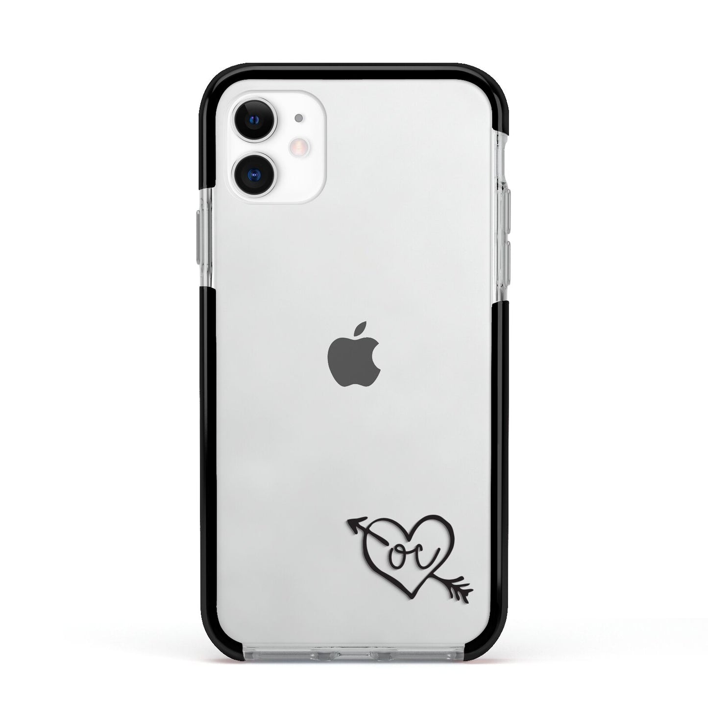 Personalised Black Initials Heart Arrow Apple iPhone 11 in White with Black Impact Case