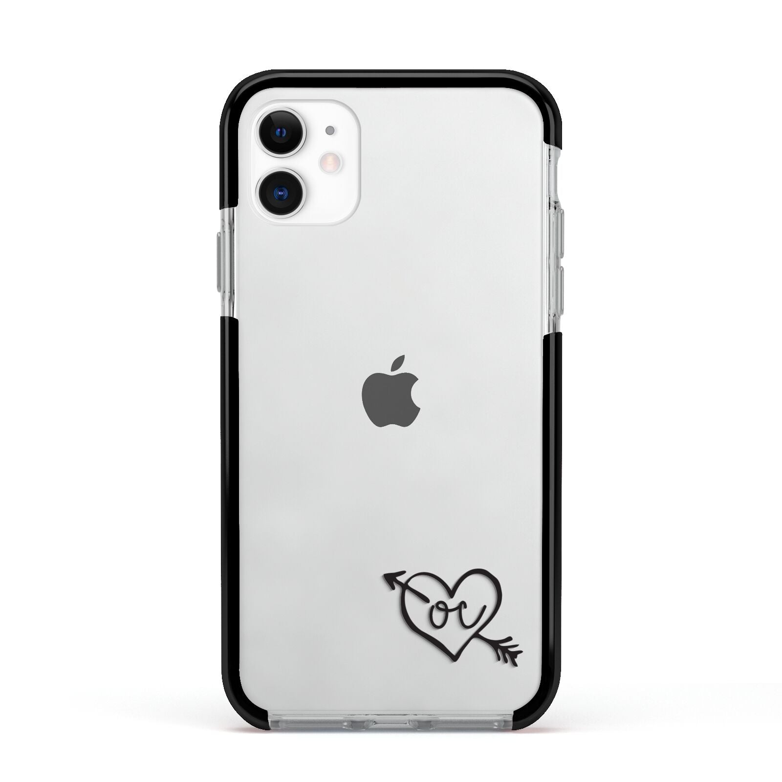 Personalised Black Initials Heart Arrow Apple iPhone 11 in White with Black Impact Case