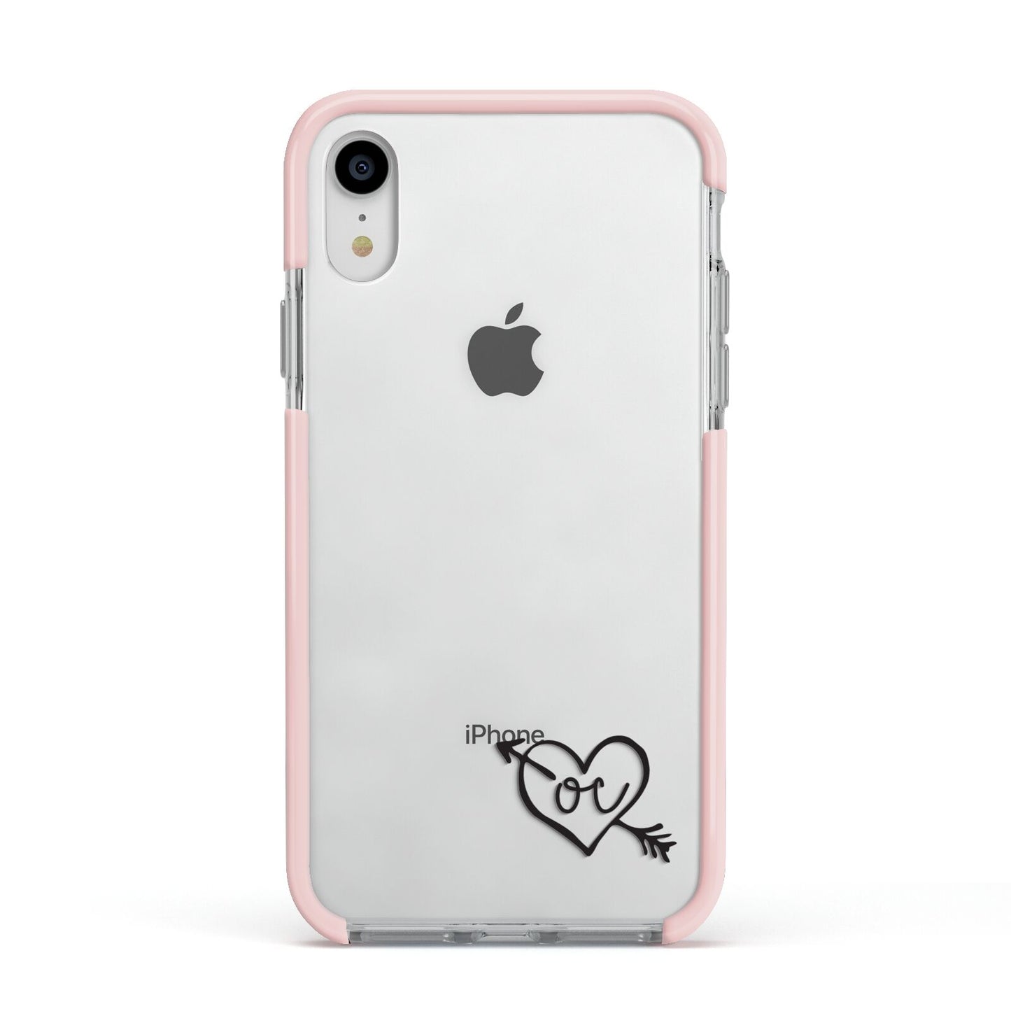 Personalised Black Initials Heart Arrow Apple iPhone XR Impact Case Pink Edge on Silver Phone
