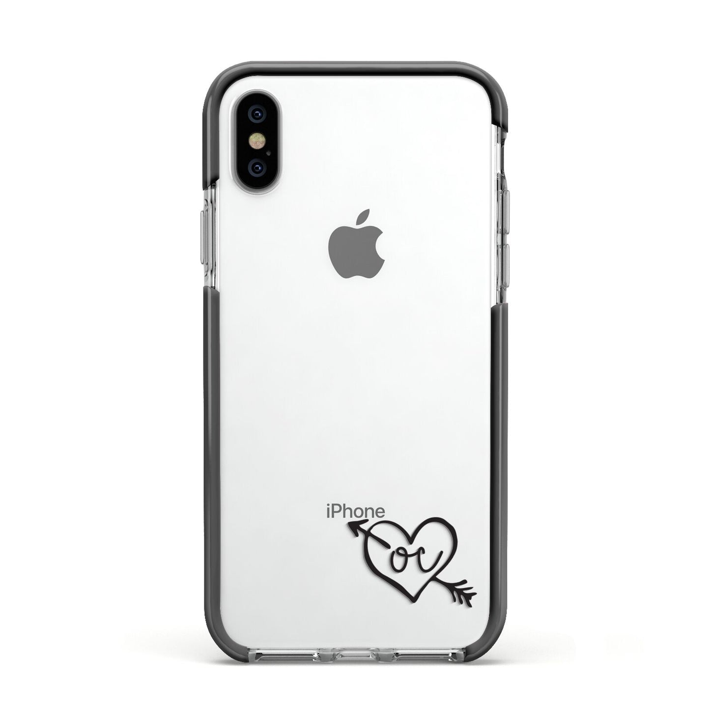Personalised Black Initials Heart Arrow Apple iPhone Xs Impact Case Black Edge on Silver Phone